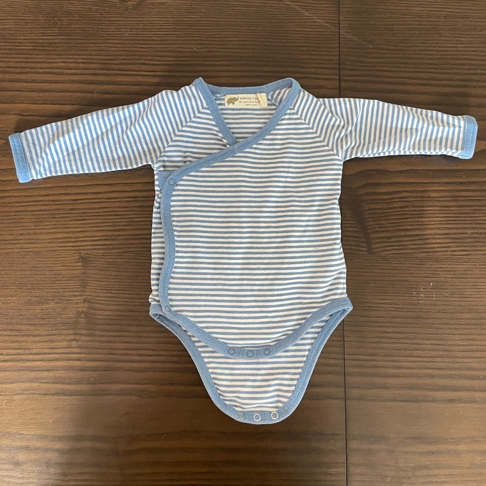 Monica + Andy long sleeve lucky bodysuit / blue striped onesie 3-6M